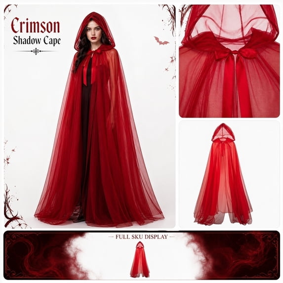 Halloween Sheer Tulle Hooded Cape, Elegant Full Length Cloak for Women Adults Gothic Witch Vampire Cosplay Theme Party Outfit