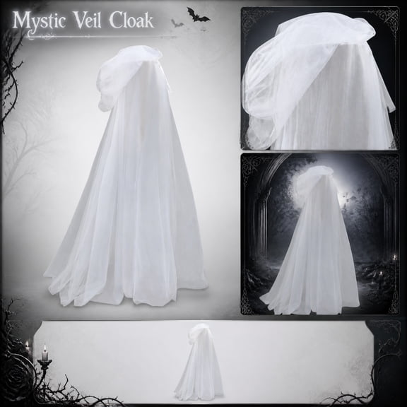 Halloween Sheer Tulle Hooded Cape, Elegant Full Length Cloak for Women Adults Witch Vampire Cosplay Theme Party Outfit