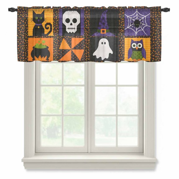 Halloween Sheer Valances for Windows, Retro Spooky Black Cat Skull Witch Hat Spiderweb Candy Corn Semi Sheer Kitchen Valance Rod Pocket Small Voile Window Curtains for Living Room Bedroom 60x18 Inch