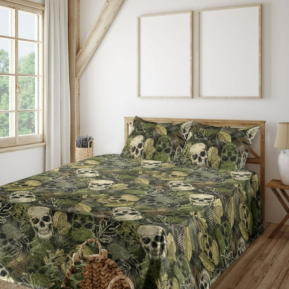 Ambesonne Halloween Fitted & Flat Sheet with Shams 4 Pcs Set, Sketchy Skull Pattern, King, Pale Olive Green Eggshell