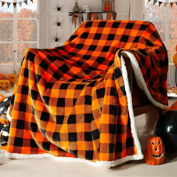 Halloween Sherpa Blanket, Fall Plaid Throw Blanket Fuzzy Fluffy Cozy Soft Checkered Blanket Halloween Decor, Fleece Flannel Plush Microfiber Blanket for Couch Bed Sofa(50" X 60", Plaid Orange)