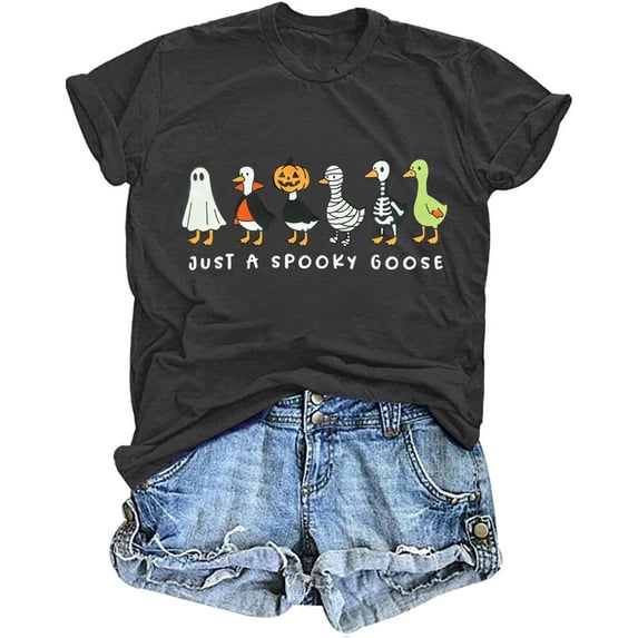 Halloween Shirt Just a Spooky Goose Graphic T-Shirt | Halloween Goose Shirts Funny Spooky Season Short Sleeve Casual Tee Tops
