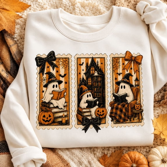 Halloween Shirt, Reading Ghost Witch Sweatshirt, Spooky Book Lover Hoodie, Haunted Library T-Shirt, Cute Fall Gift for Readers and Teachers