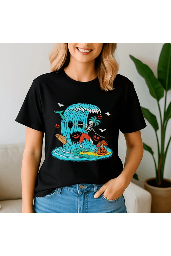 Halloween Shirt, Skeleton Surfing Hawaiian Halloween Surfer Horror Pumpkin, Happy Halloween Tshirt
