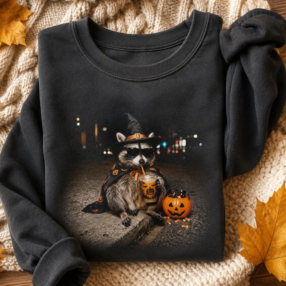 Halloween Shirt, Witch Raccoon Drinking Iced Coffee Sweatshirt, Funny Spooky Animal Hoodie, Trick or Treat Gift for Raccoon Lovers