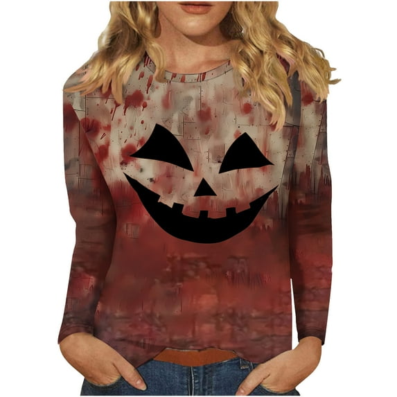 Halloween Shirt Women Clearance Light Weight Sweaters Casual Long Sleeve Workout Tops for Women Crew Neck Sweater 2024 Women's Fashion Tees Round Neck T Shirt Retro Print Shirt