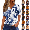 thumbnail image 1 of Halloween Shirt Womens Patterns Halloween Party T Shirt V Neck Short Sleeve Navy 2XL, 1 of 7