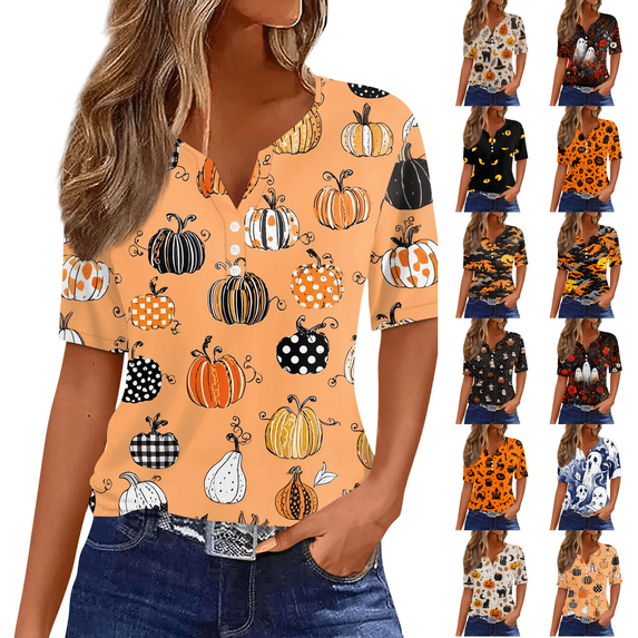 Halloween Shirt Womens Patterns Halloween Party T Shirt V Neck Short Sleeve Orange XL