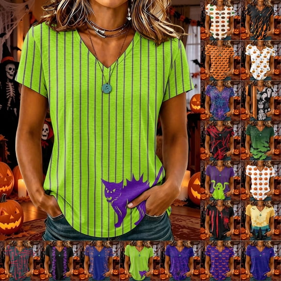 Halloween Shirt Womens V Neck Novelty Fall Halloween Party Graphic Short Sleeve T Shirts Christmas Loose Fit Tee Tops Dark Green S