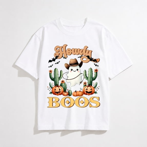 Halloween Shirt for Kids with Cowboy Ghost Cactus and Pumpkin Graphic, Short Sleeve for Boys and Girls