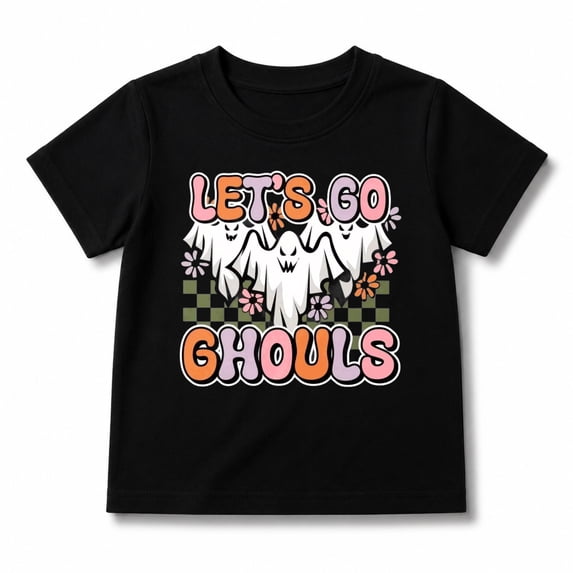 Halloween Shirt for Kids with Lets Go Ghouls Ghost and Pumpkin Graphic, Short Sleeve for Boys and Girls