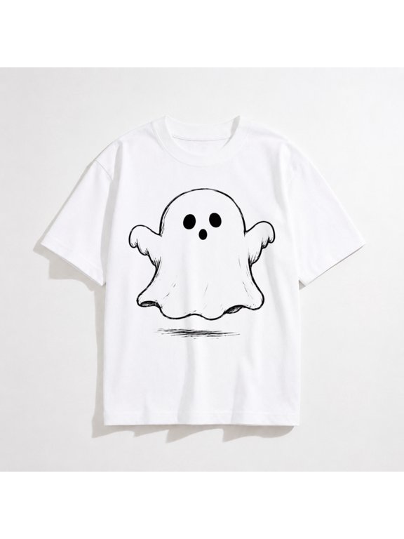 Halloween Shirt for Kids with Simple Cute Ghost Graphic, Short Sleeve for Boys and Girls