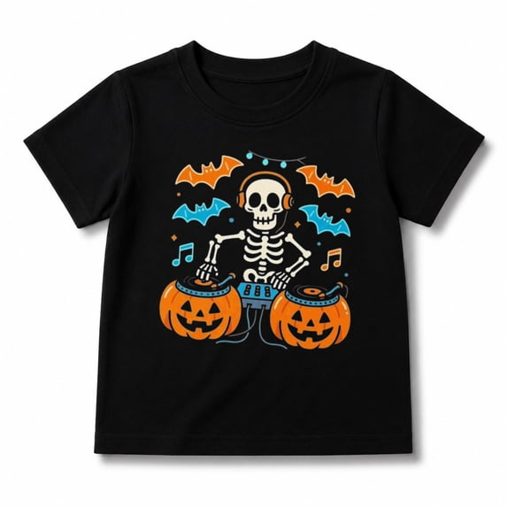 Halloween Shirt for Kids with Skeleton Music Pumpkin and Bat Graphic, Short Sleeve for Boys and Girls
