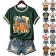 thumbnail image 1 of Halloween Shirt for Women Retro Short Sleeve T Shirts Halloween Cute Pumpkin Print Tops Fall Thanksgiving Graphic Tees,Dark Green,M, 1 of 8