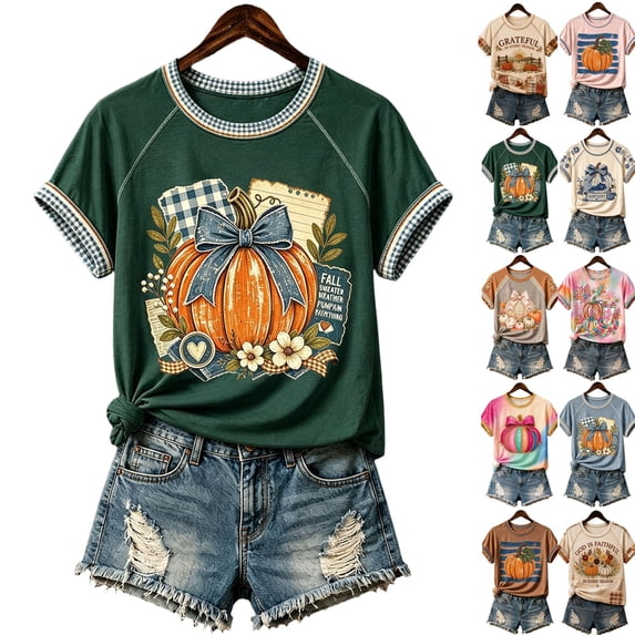 Halloween Shirt for Women Retro Short Sleeve T Shirts Halloween Cute Pumpkin Print Tops Fall Thanksgiving Graphic Tees,Dark Green,M