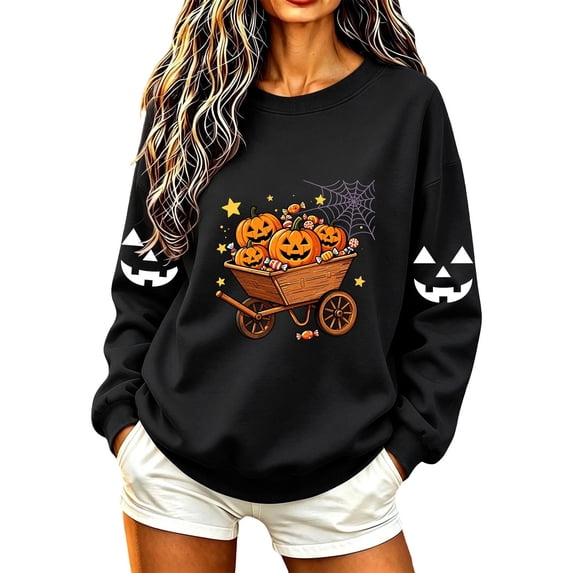 Halloween Shirt for Women Round Neck Cute Ghost Pumpkin Printed Sweatshirt Long Sleeved Loose Casual Pullover Top Fall Winter Outfits