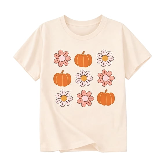 Halloween Shirts For Big Girl Pumpkin Floral Print Children's Round Neck Short Sleeve Kindergarten Casual Loose Fit Tees Tops Size 10-11T