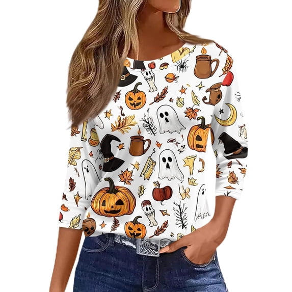 Halloween Shirts for Women 3/4 Sleeve Tops for Women Halloween Graphic Tee Crew Neck T Shirts for Women Halloween Tee Halloween Clothing Ladies' Halloween Top Vintage Tshirts Tshirts for Women