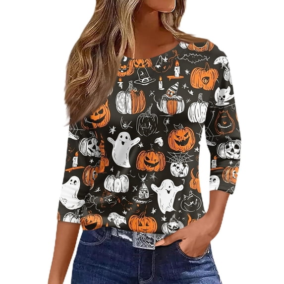 Halloween Shirts for Women 3/4 Sleeve Tops for Women Halloween Graphic Tee Crew Neck T Shirts for Women Vintage Tshirts Tshirts for Women Womens Tops Halloween Shirts for Women Shirts for Women