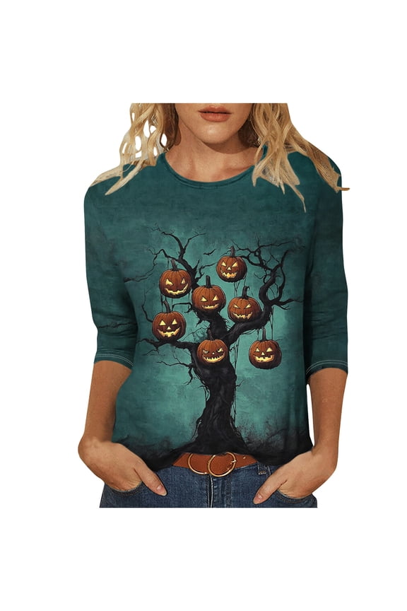 Halloween Shirts for Women Casual Funny Print Tunic Tops 3/4 Length Sleeve Crewneck Blouse Holiday Loose Fit Party Costume Tshirts Spooky Dead Tree Hanging Jack-O-Lantern Teal Gradient