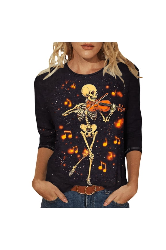 Halloween Shirts for Women Casual Funny Print Tunic Tops 3/4 Length Sleeve Crewneck Blouse Holiday Loose Fit Party Costume Tshirts Vintage Floral Skull Pumpkin Dark