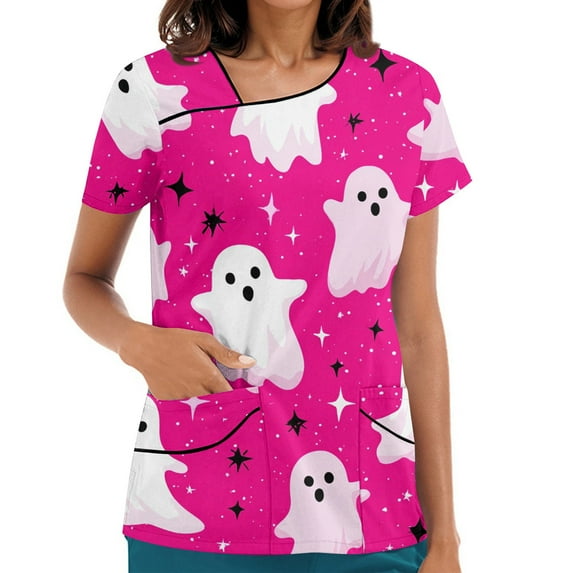 Halloween Shirts for Women, Classic Fit V-Neck Short Sleeve Scrub Top with 2 Pockets & Soft Fabric Stretch Printed Scrubs Medical Nursing Uniforms Wicking Healthcare Women V Pink 4Xl