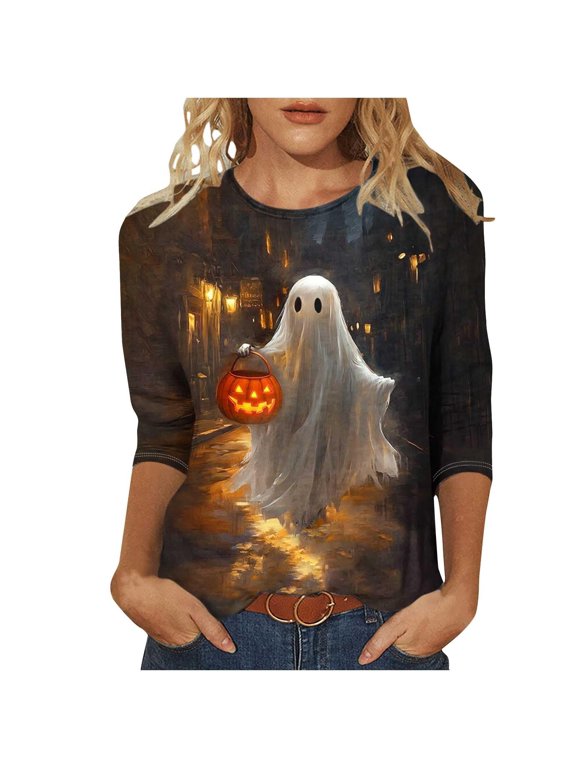 Halloween Shirts Women, Crew Neck 3/4 Sleeve Tshirts Tees, Simple Ghost Print Blouses Tops Clothes, Cozy Loose Fit Halloween Daily Clothes, Halloween Gifts For Mom Black