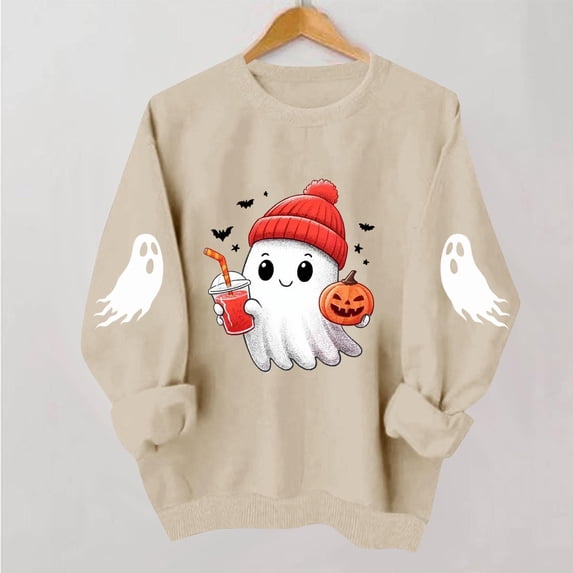Halloween Shirts for Women Cute Spooky Ghost Print Pullover Sweatshirts Long Sleeve Crewneck Fall Clothes Tops Casual Comfortable Festive Fall Sweaters