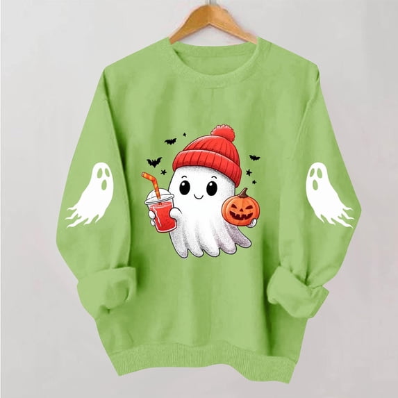Halloween Shirts for Women Cute Spooky Ghost Print Pullover Sweatshirts Long Sleeve Crewneck Fall Clothes Tops Casual Comfortable Festive Fall Sweaters