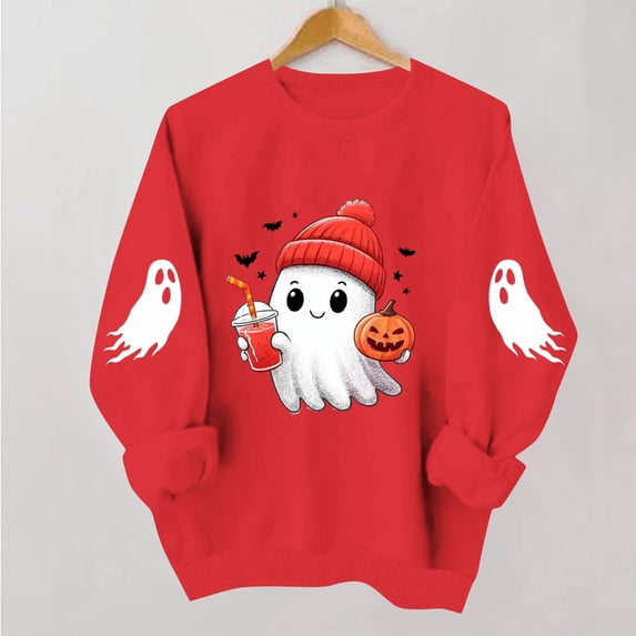 Halloween Shirts for Women Cute Spooky Ghost Print Pullover Sweatshirts Long Sleeve Crewneck Fall Clothes Tops Casual Comfortable Festive Fall Sweaters