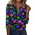 thumbnail image 1 of Halloween Shirts Women Funny 3/4 Sleeve T Shirts Horror Pumpkin Bat Printed Pullover Spooky Button V Neck Tops Holiday Three Quarter Length Blouses, M, 1 of 6