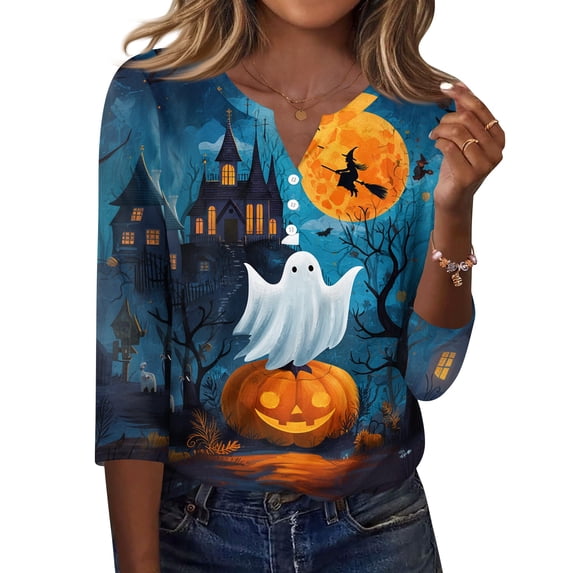 Halloween Shirts Women Funny 3/4 Sleeve T Shirts Horror Pumpkin Ghost Printed Tops Spooky Button V Neck Pullover Holiday Three Quarter Length Blouses, L