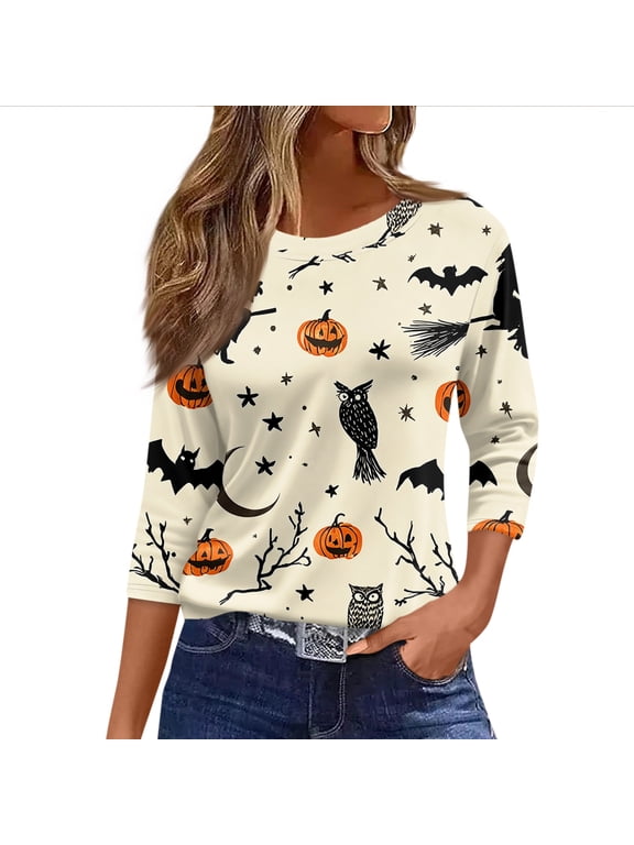 Halloween Shirts Women Funny 3/4 Sleeve Tops Spooky Pumpkin Printed Pullover Horror Crew Neck T Shirts Holiday Three Quarter Length Blouses, XL