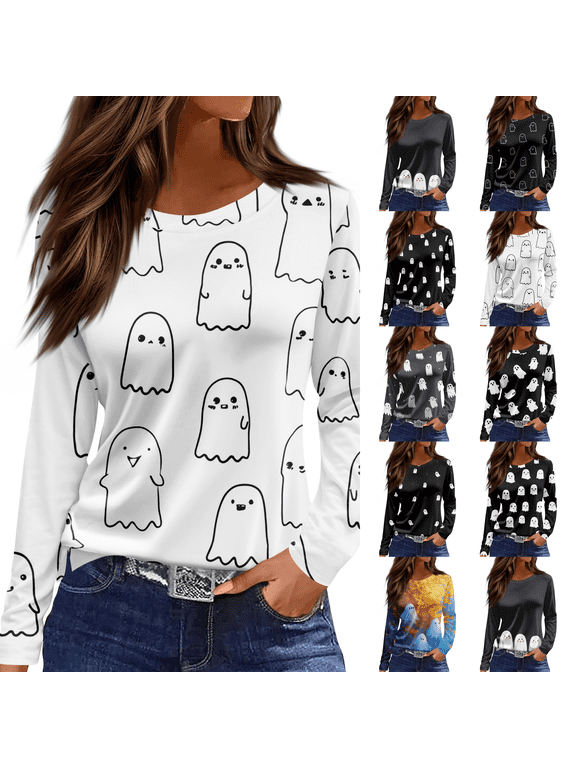 Halloween Shirts Women Long Sleeve Fall T Shirts Autumn Ghost Graphic Tees Thanksgiving Tops
