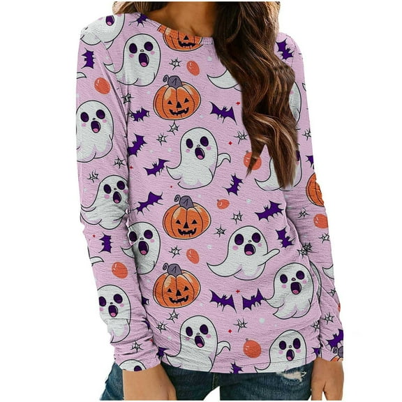 Halloween Shirts for Women Long Sleeve T-Shirts Pullover Tops Fall Long Sleeve Casual Blouses Cute Funny Halloween Printed Sweatshirt Women's Costumes