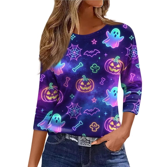 Halloween Shirts Women Plus Size Funny 3/4 Sleeve Pullover Horror Halloween Ghost Pumpkin Printed Tops Spooky Crew Neck T Shirts Three Quarter Length Blouse,S