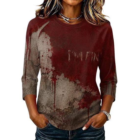 Halloween Shirts for Women Plus Size Funny 3/4 Sleeve Pullover Horror Halloween Printed T Shirts Spooky Crew Neck Tops Holiday Three Quarter Length Blouses, 2XL