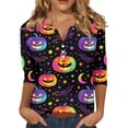 thumbnail image 1 of Halloween Shirts Women Plus Size Funny 3/4 Sleeve Pullover Horror Pumpkin Bat Printed T Shirts Spooky Button V Neck Tops Holiday Three Quarter Length Blouses, S, 1 of 5