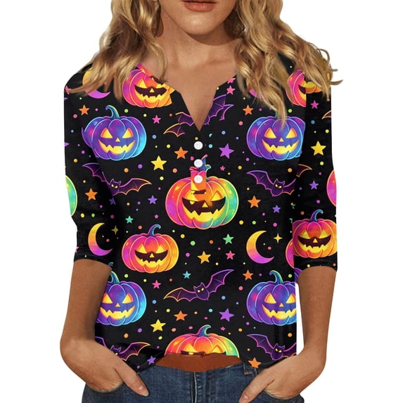 Halloween Shirts Women Plus Size Funny 3/4 Sleeve Pullover Horror Pumpkin Bat Printed T Shirts Spooky Button V Neck Tops Holiday Three Quarter Length Blouses, S