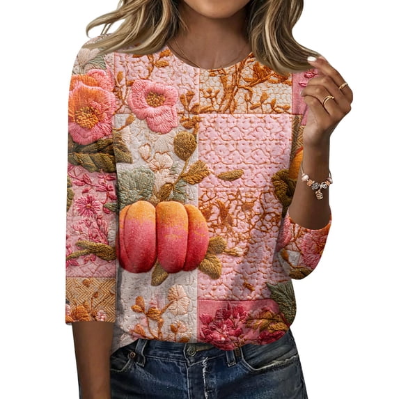 Halloween Shirts for Women Plus Size Funny 3/4 Sleeve T Shirts Horror Pumpkin Printed Tops Spooky Crew Neck Pullover Holiday Three Quarter Length Blouses, 5XL