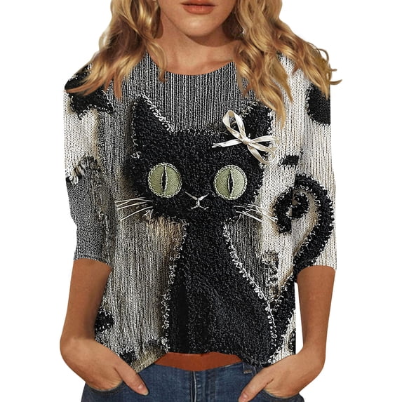 Halloween Shirts for Women Plus Size Funny 3/4 Sleeve Tops Horror Black Cat Printed T Shirts Spooky Round Neck Pullover Holiday Three Quarter Length Blouses, 4XL