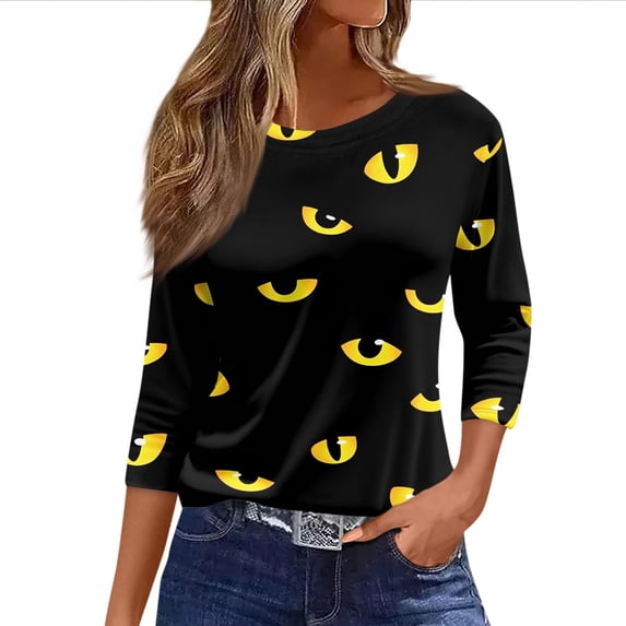 Halloween Shirts for Women Plus Size Funny 3/4 Sleeve Tops Horror Halloween Printed T Shirts Spooky Round Neck Pullover Holiday Three Quarter Length Blouses, 3XL