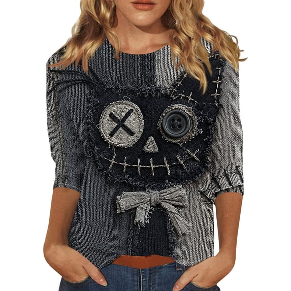 Halloween Shirts Women Plus Size Funny 3/4 Sleeve Tops Spooky Black Cat Printed Pullover Horror Round Neck T Shirts Holiday Three Quarter Length Blouses, S