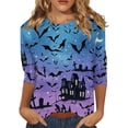 thumbnail image 1 of Halloween Shirts for Women Plus Size Funny 3/4 Sleeve Tops Spooky Castle Bat Printed Pullover Horror Crew Neck T Shirts Holiday Three Quarter Length Blouses, 2XL, 1 of 5