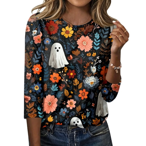 Halloween Shirts for Women Plus Size Funny 3/4 Sleeve Tops Spooky Ghost Printed Pullover Horror Round Neck T Shirts Holiday Three Quarter Length Blouses, XL