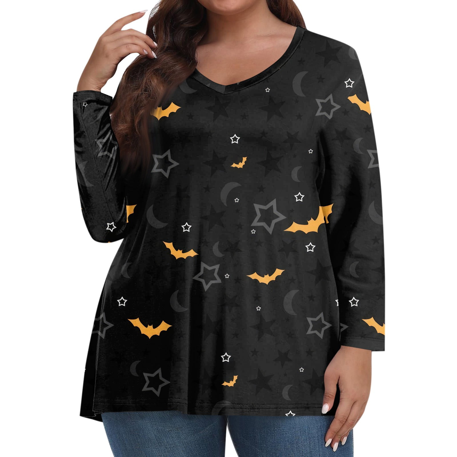 Halloween Shirts for Women Plus Size Pumpkin Bats Graphic TShirts Long Sleeve VNeck Tunic