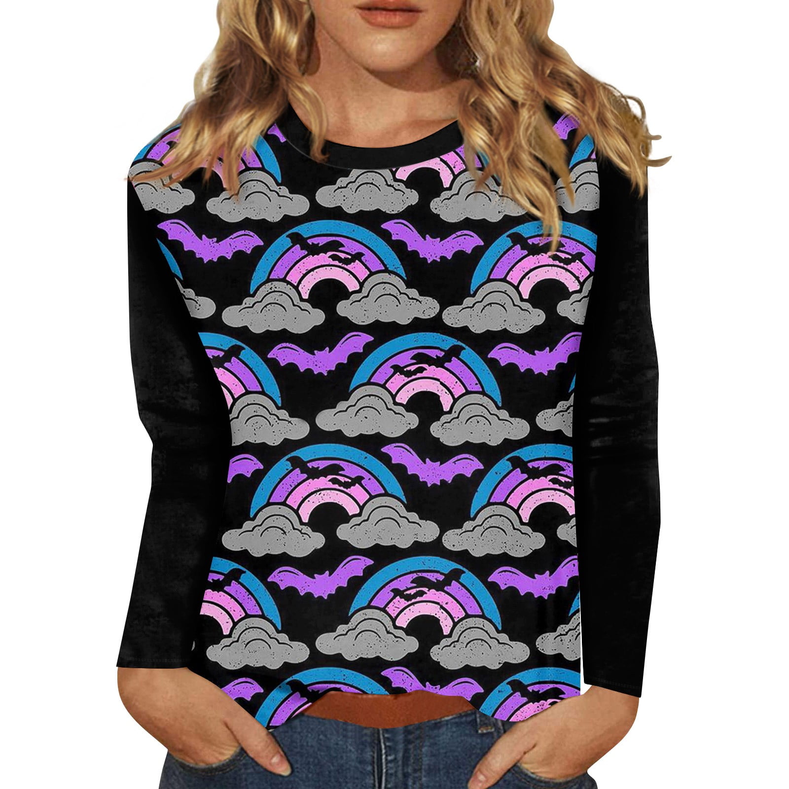 Halloween Shirts for Women Pumpkin Ghost Print Blouse 3/4 Length Sleeve