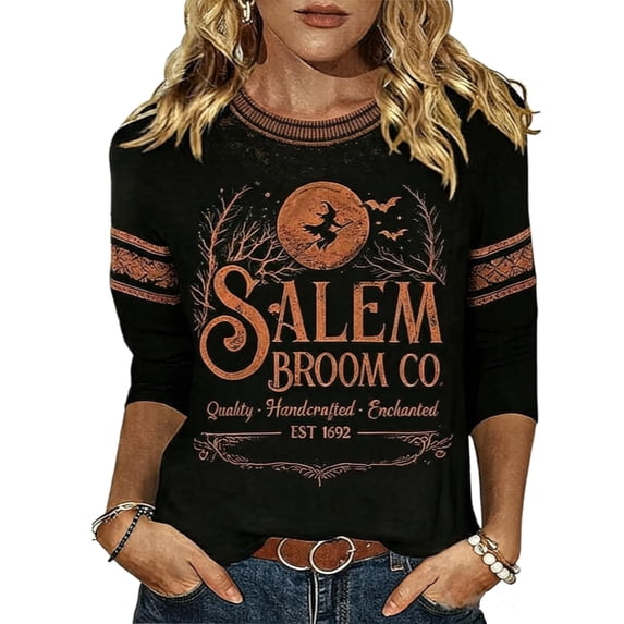 Halloween Shirts for Women Salem Broom Company Printed T-Shirt 3/4 Sleeve Halloween Witch Tee Halloween Clothes Vintage Festival Tops Casual Crewneck Pullover XL