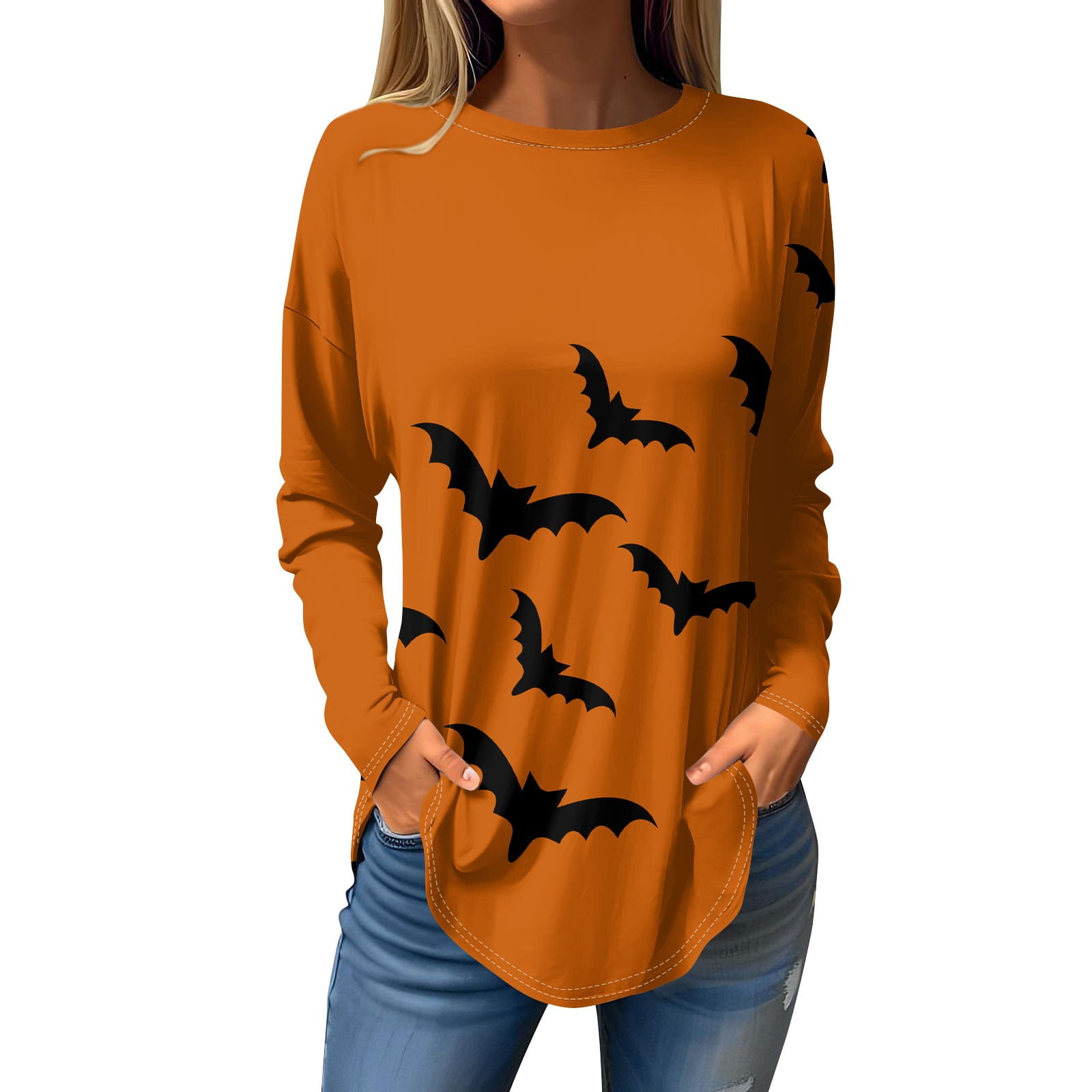 Halloween Shirts for Women Trendy Pumpkin Bats Graphic Tshirts Long