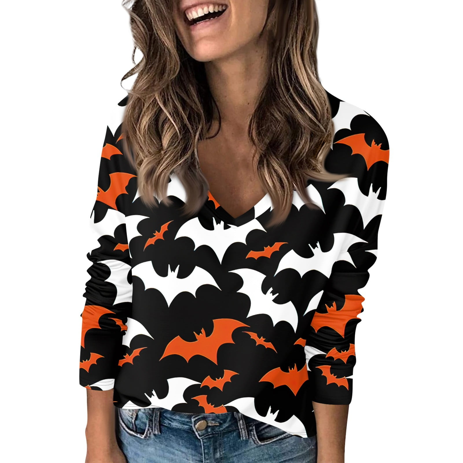 Halloween Shirts for Women Trendy Pumpkin Bats Print Blouses Long